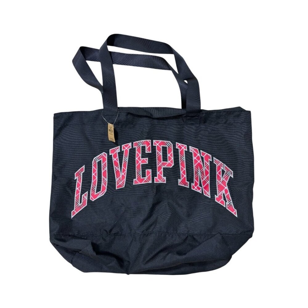 NWT Victoria’s Secret PINK Plaid Varsity Logo Canvas Tote Bag